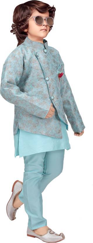 Boys Festive & Party Kurta, Waistcoat and Pyjama Set (Light Blue Pack of 1)