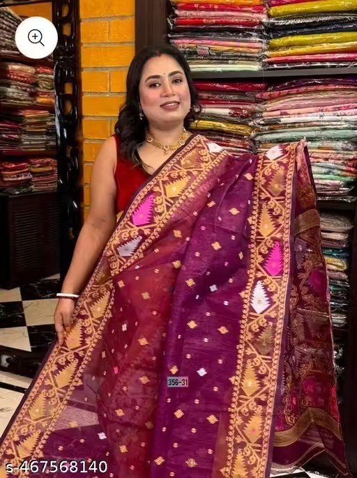 Traditional Bengali Handmade Jamdani Saree With Unstitched Bloused Wedding Wear