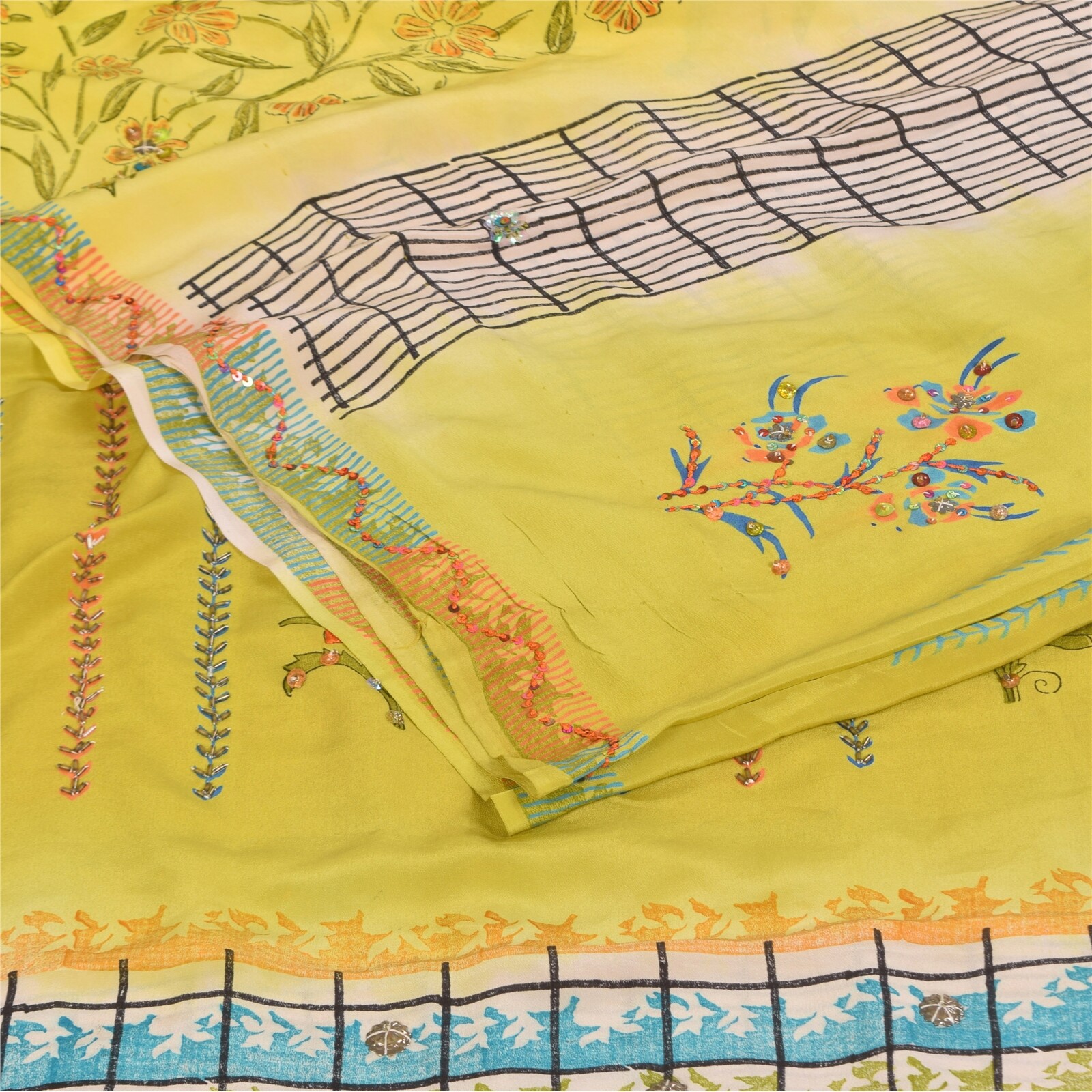 Sanskriti Vintage Sarees Yellow Pure Crepe Silk Printed Sari 5+Yd Craft Fabric