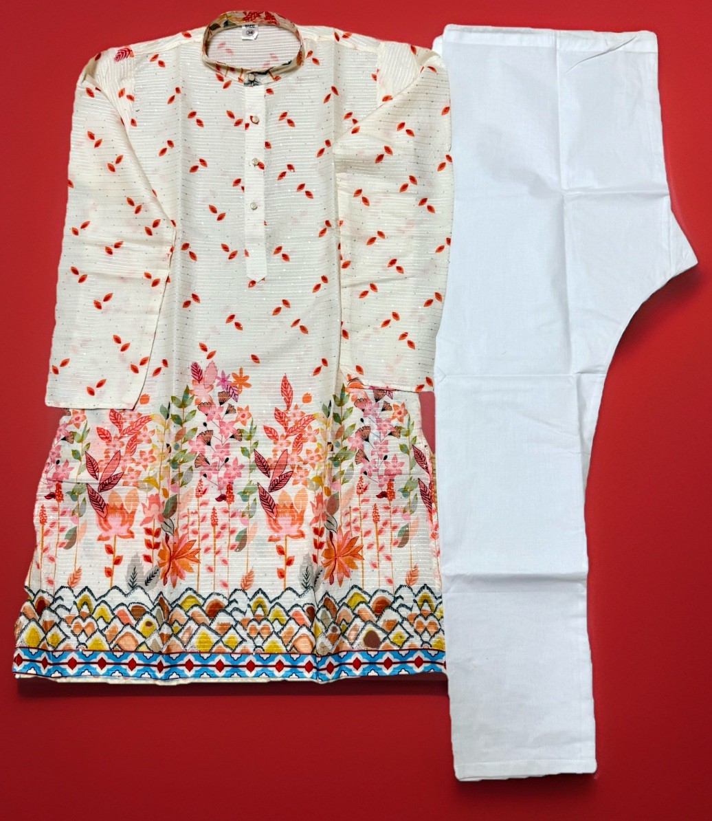 NWT Men’s Kurta PAJAMA SET SZ 36 S off white/sequins FLORAL PRINT India-USA sell