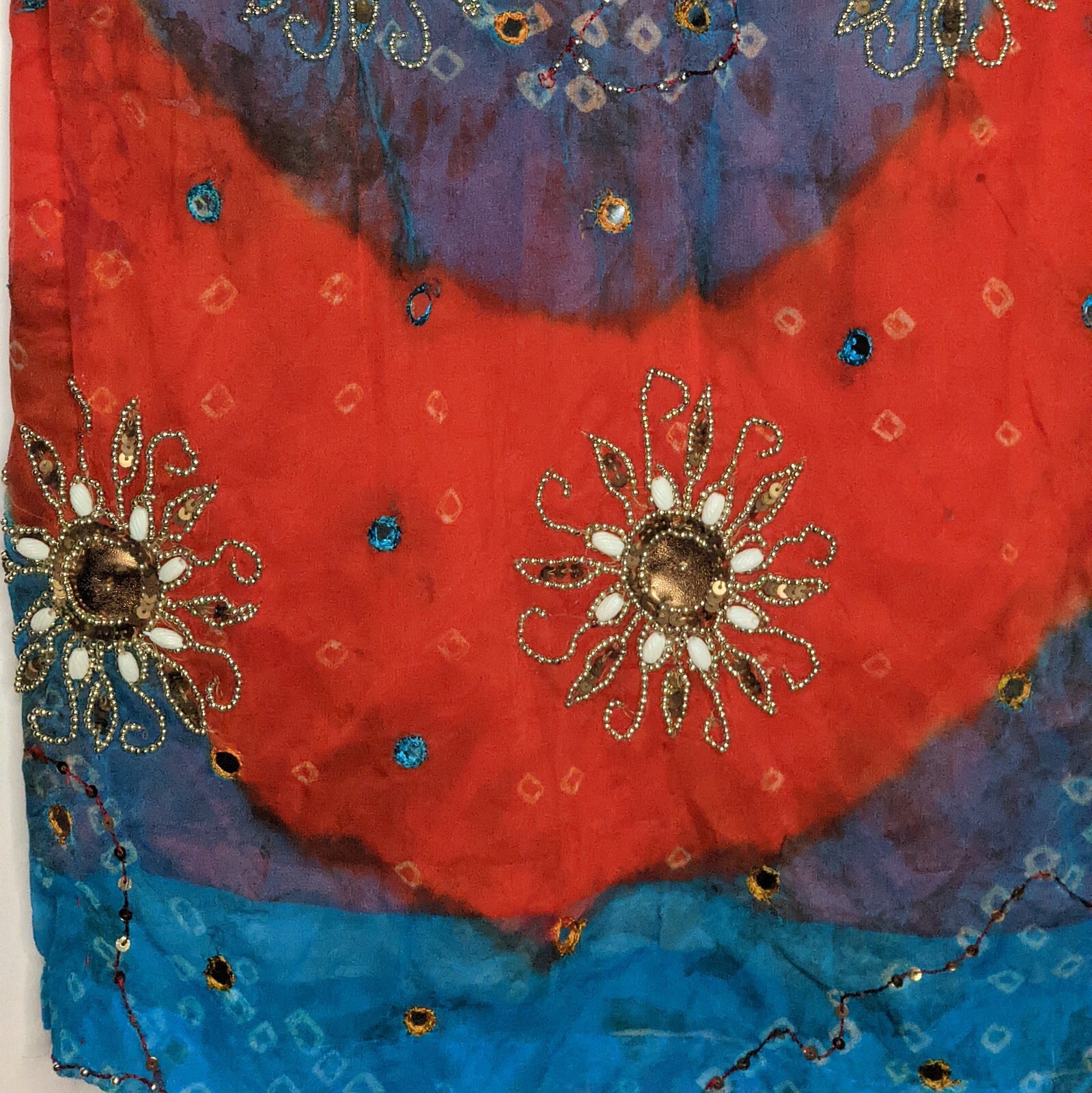Indian Kurti Tunic Top Dress Women’s Sz 38 Red Blue Short Sleeves Bells Lined