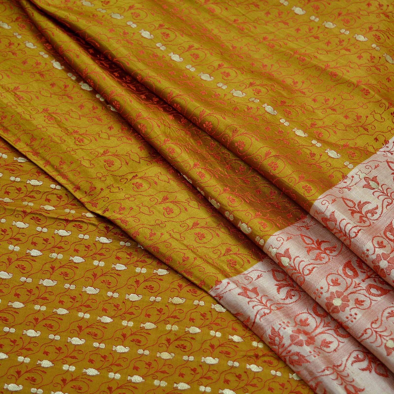 Vintage Sari Mustard Heavy Pure Satin Silk Hand Woven Brocade Sarees 5yd Ethnic
