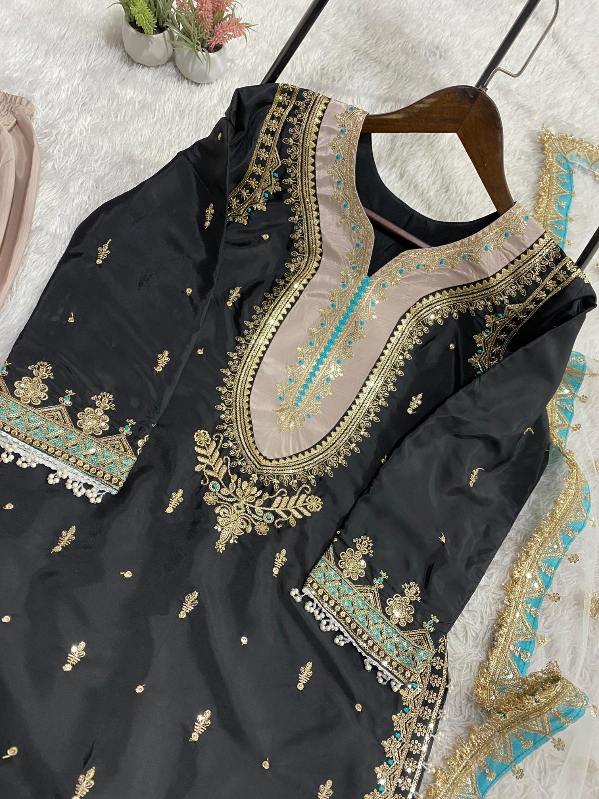 Bollywood Style Vichitra Silk Kurta Palazzo With Dupatta For Women & Girls Wear