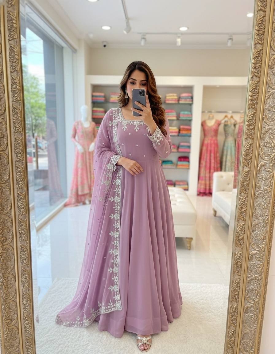 Pure Faux Georgette Lavender Gown Bottom With Dupatta For Traditional Wear