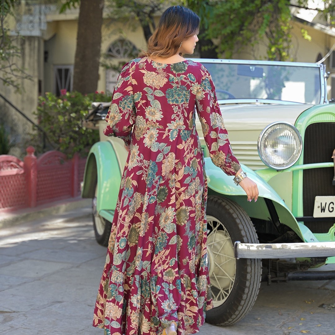 Premium Maroon Floral Print Rayon Fabric Flared Long Dress for Women | Flowy Boh