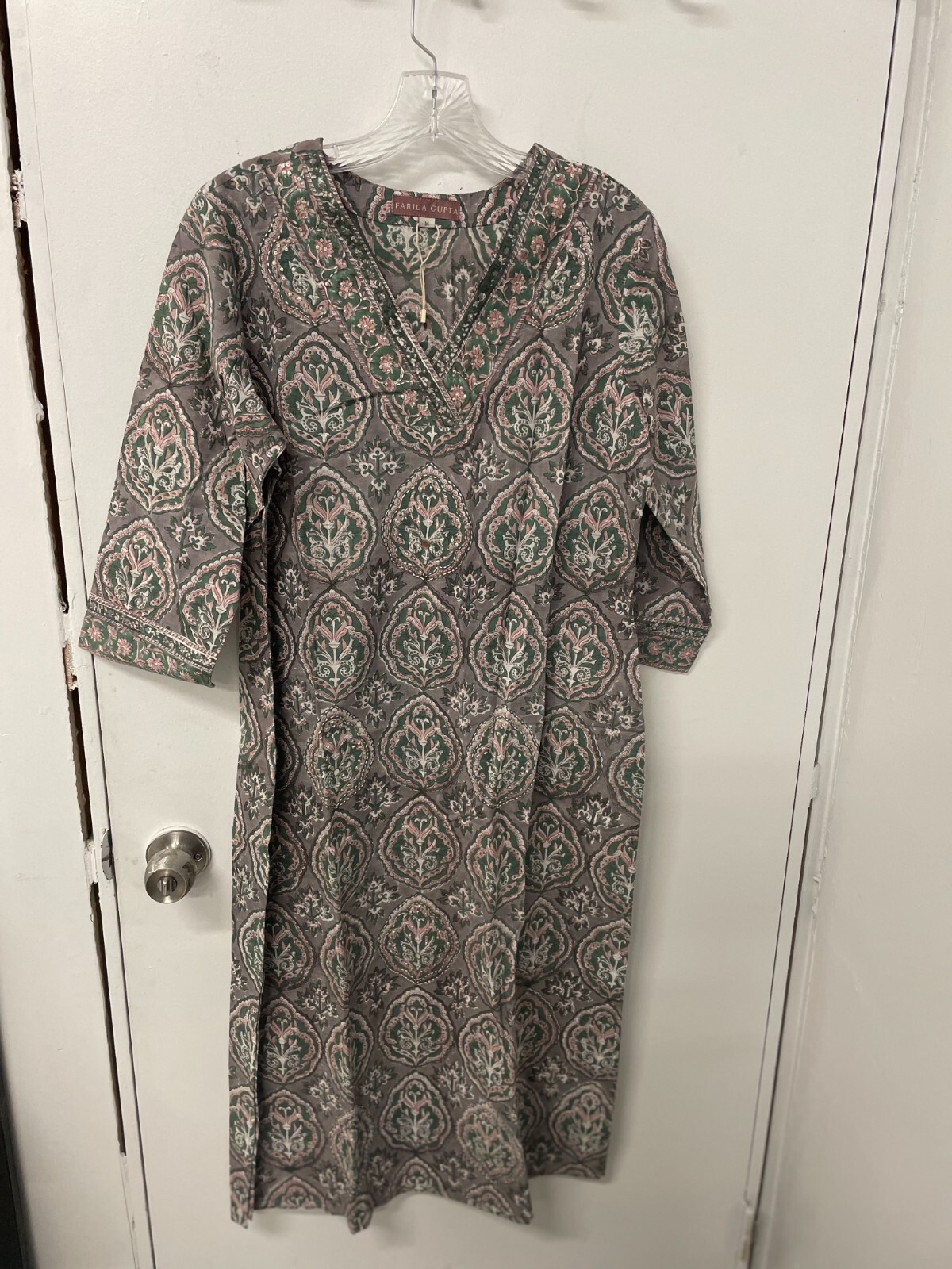 Farida Gupta Medium Designer Block Print Long Kurta Dress Tunic Kurti New Tag