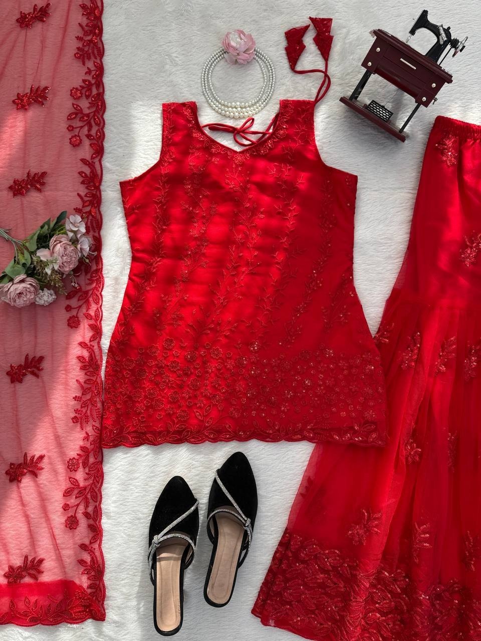 Fashionable Heavy Soft Net Red Top Palazzo With Dupatta For Festival Wear