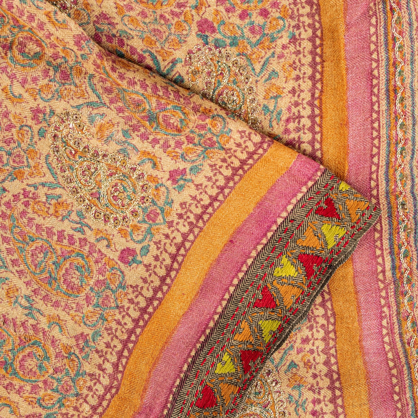 Sanskriti Vintage Soft Cream Pure Woolen Saree Block Print Embroidered Sari 5.5