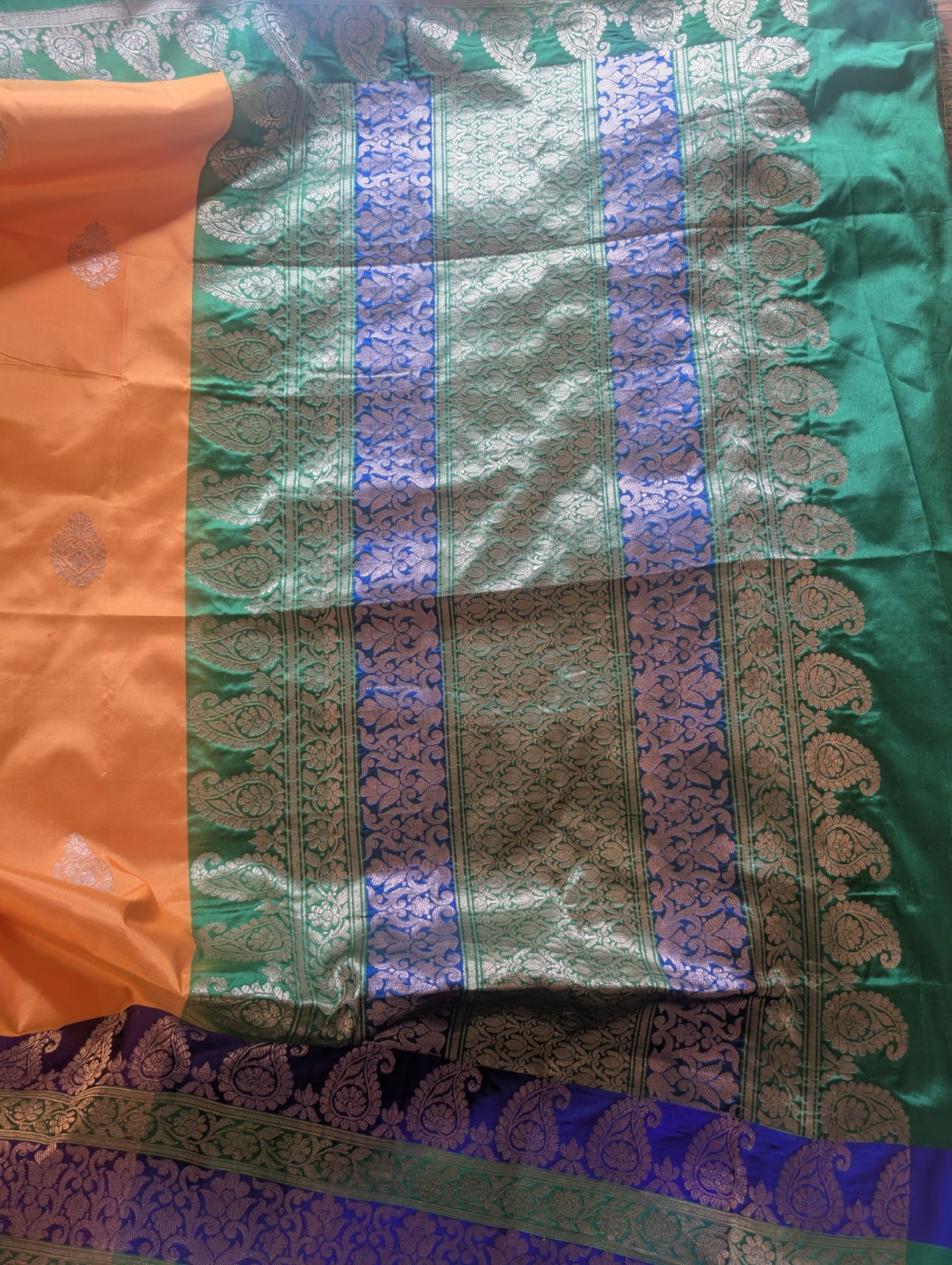 Handmade Silk Banarasi Orange Green Purple Gold Saree Paisley Brocade Border