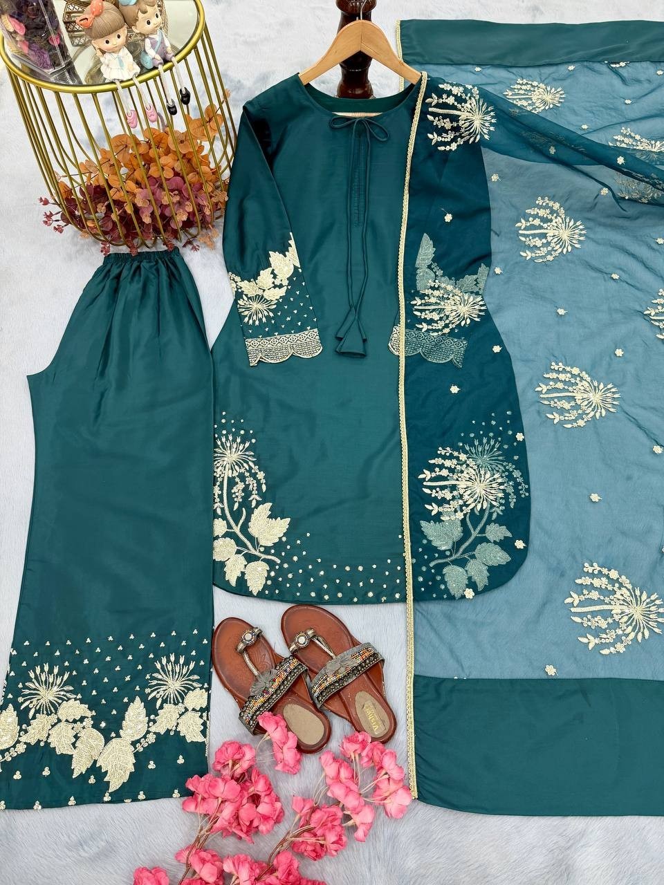 Collection Pur Natural Crepe ReadyMade Rama Top Palazzo With Dupatta For Women