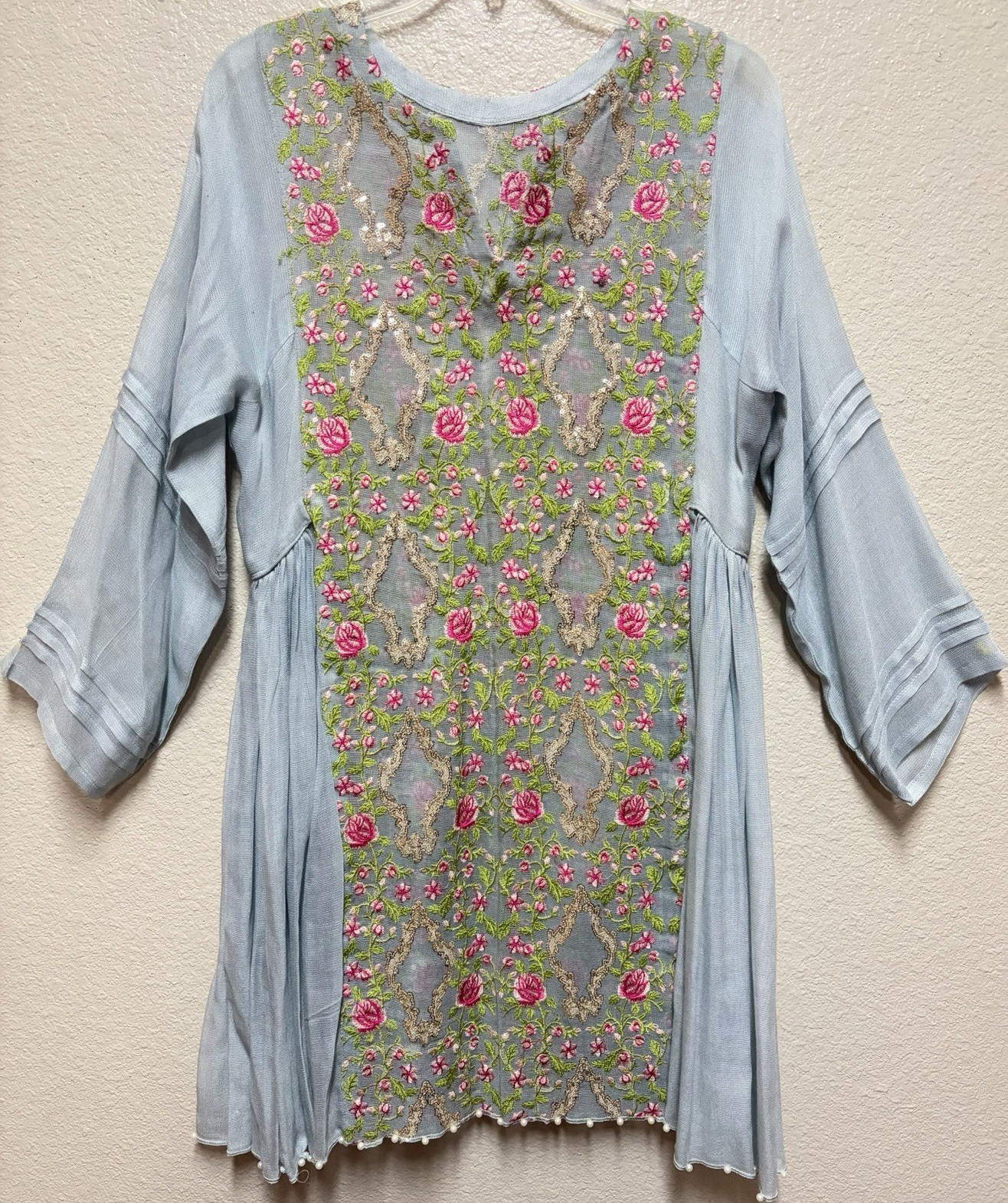 Women’s Light Blue Kurta w/ Pink Floral Embroidery & Pearl Trim