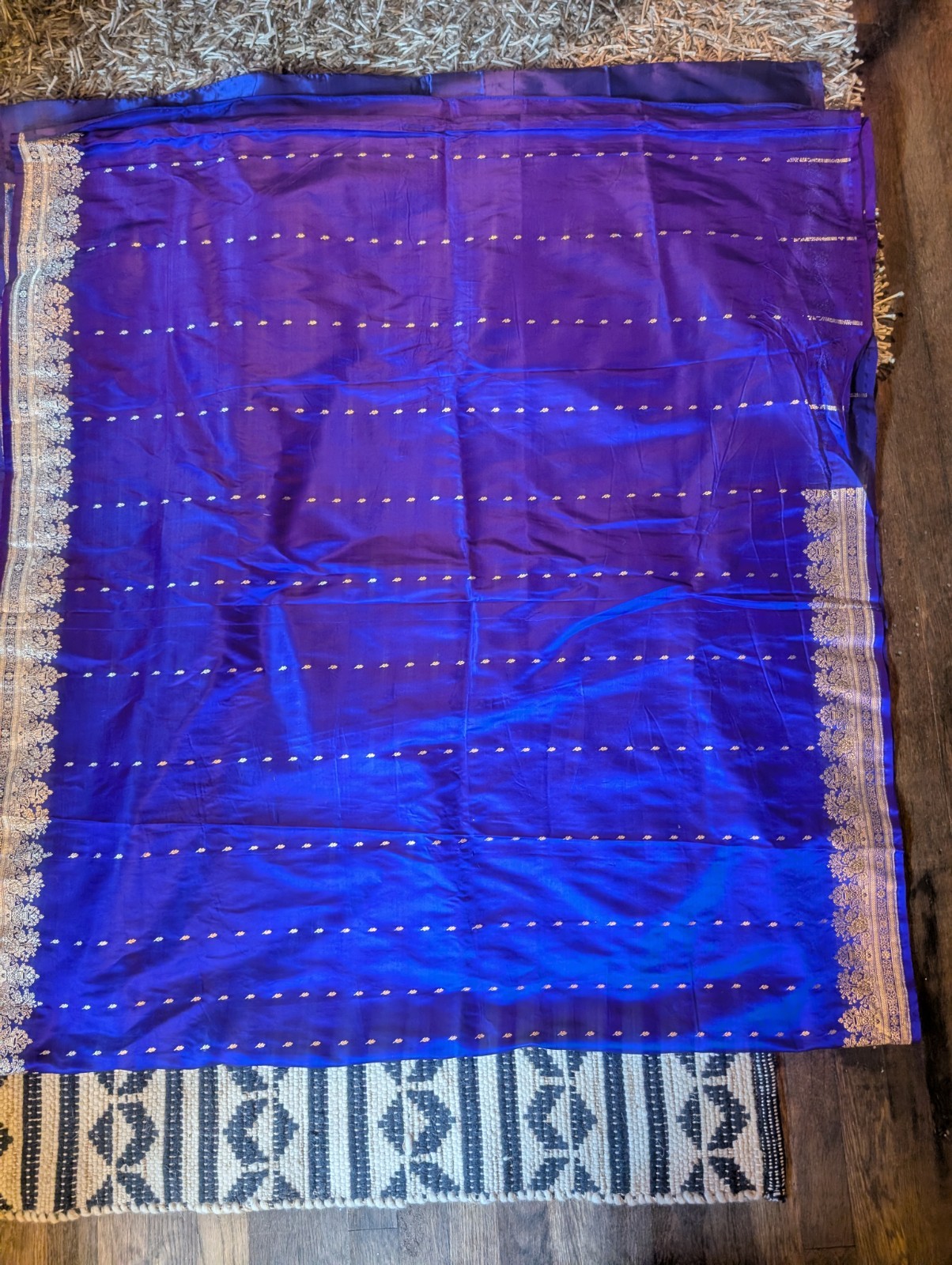VTG Banarasi Silk Saree Purple Gold Zari Brocade Kalka Paisley Ornate Fabric