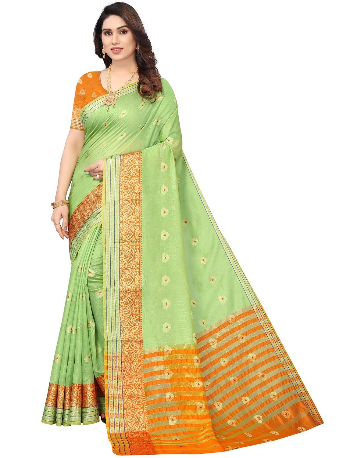 Women’s Jacquard Cotton Blend Golden Zari Woven saree with Running Blouse Piece