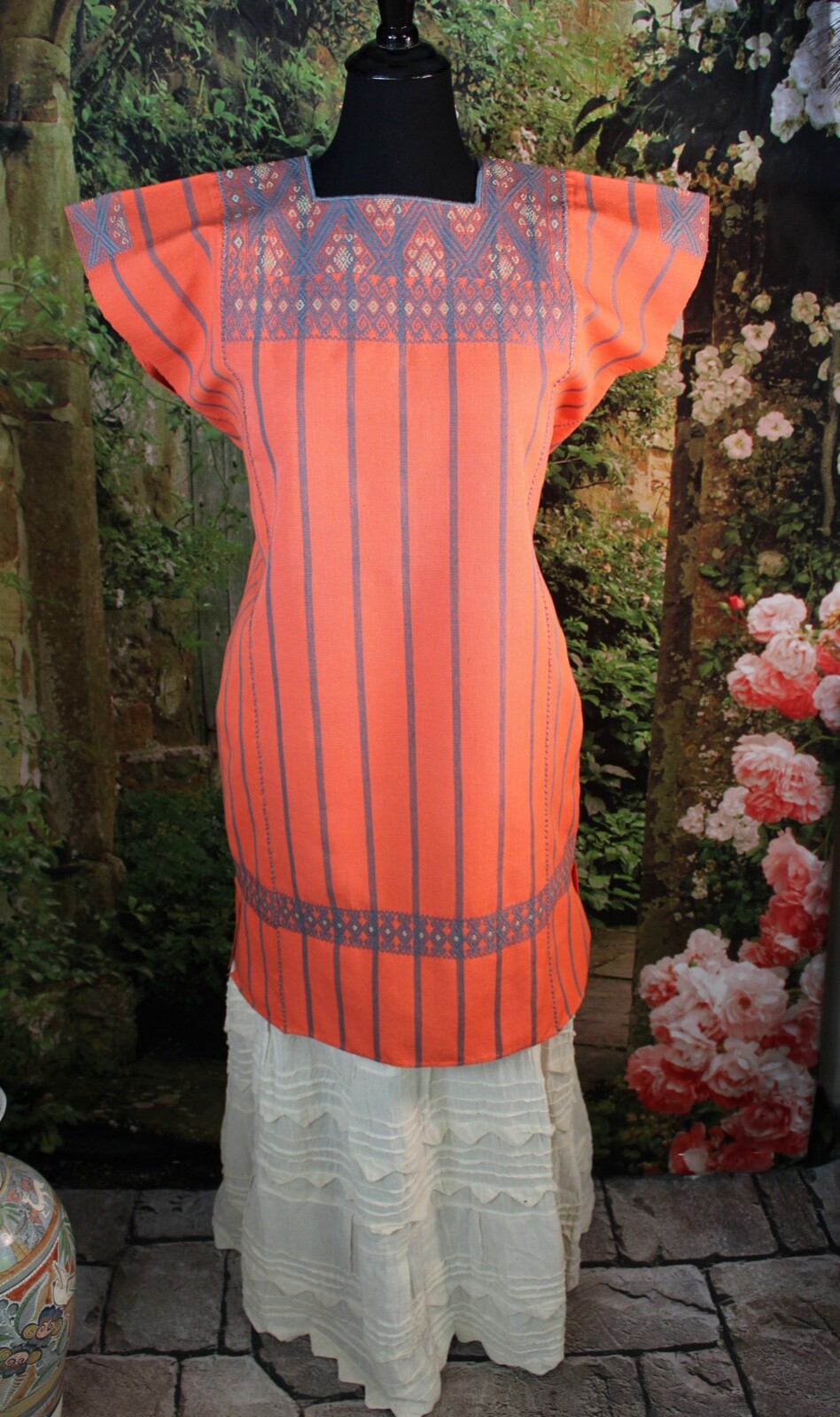 Huipil Salmon & Gray Striped Dress Handwoven Backstrap Loom Mayan Chiapas Mexico