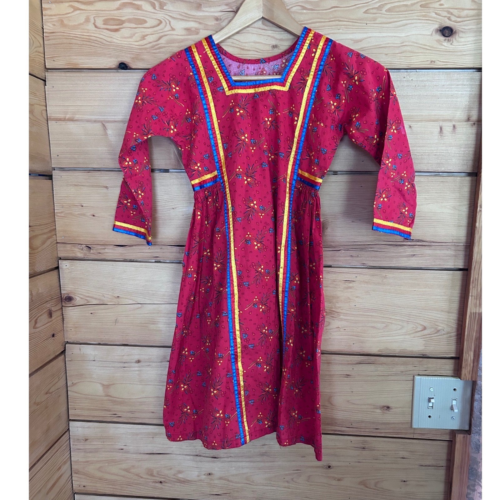 Vintage Cotton Ribbon Dress Kids Small Red Calico Floral Indigenous Handmade