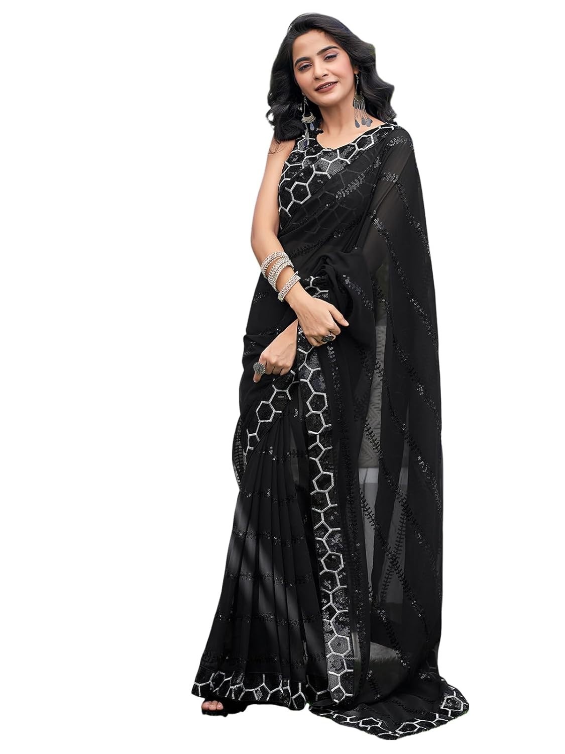 Women’s Georgette Sequence Work Saree with Unstitched Blouse Piece