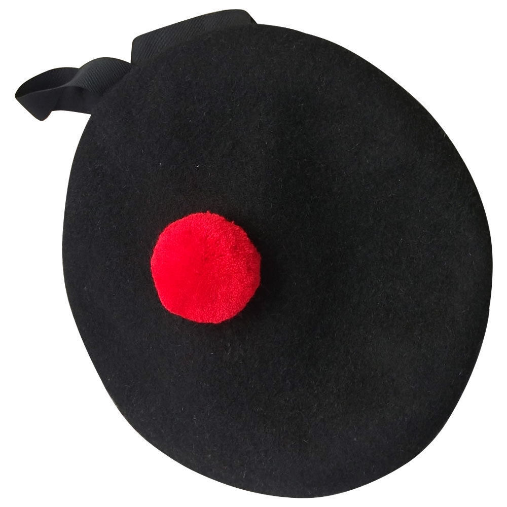 New Scottish Black Wool Blended Balmoral plain & Dice Hat With Red Pompom on Top