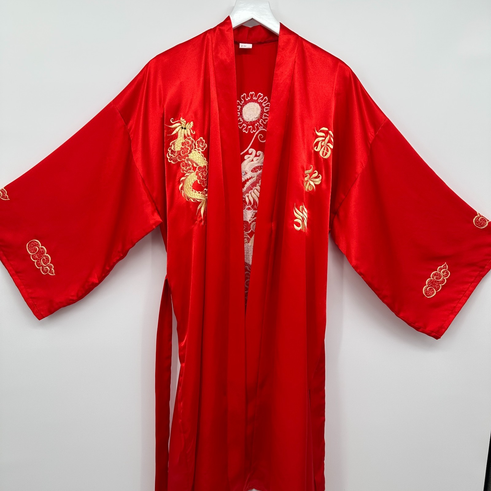 Vintage Silk Kimono Robe One Size Embroidered Dragon Silky Satin Lounge Yukata