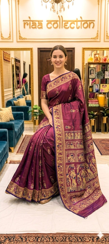 Indian Pure Baluchari Bishnupuri Katan Silk Saree Meenakari Wedding Wear Sari