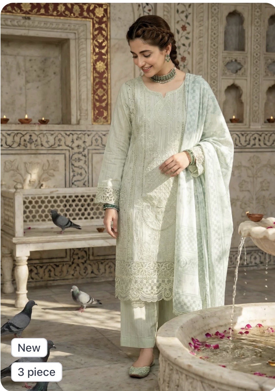 Light Green Cotton Blend Net Embroidered Salwar Kameez stitched 3 Piece Women L