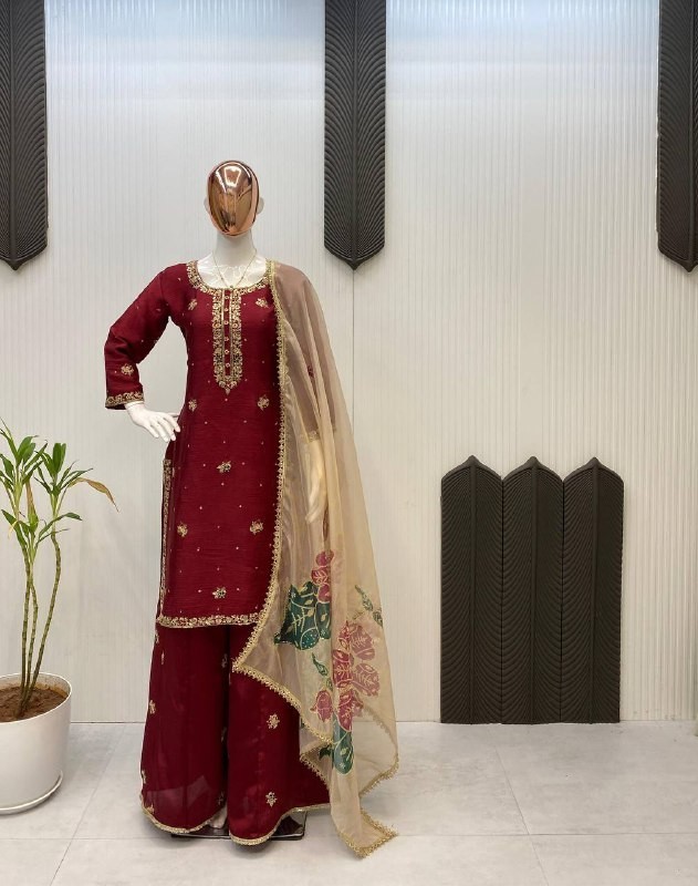 New Wedding Wear Red Chinon Kurta Palazzo With Organza Dupatta For Women