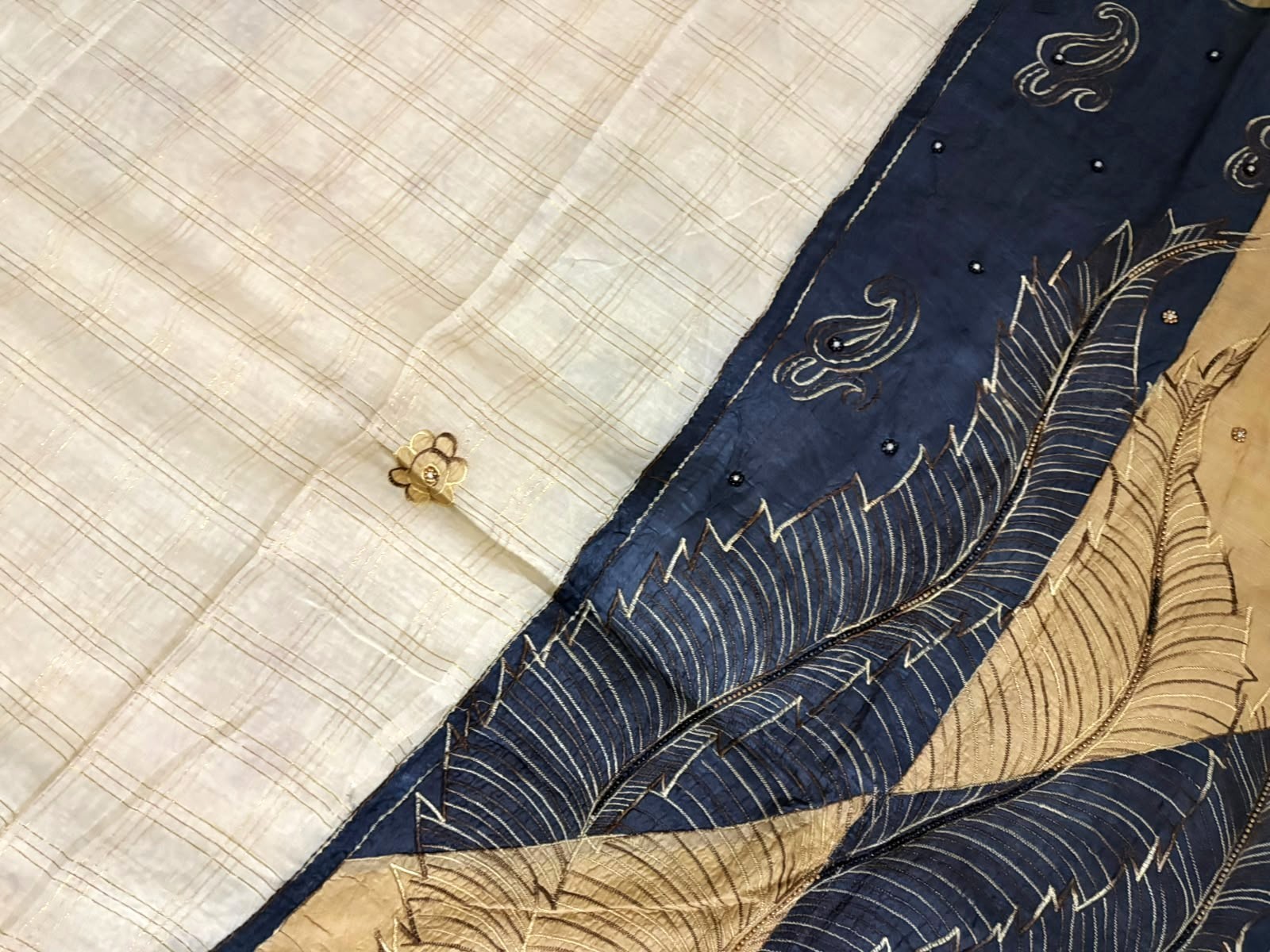 Lot of 2 Saree Indian Cotton Fabric Home Decor Embroidered Grey & Beige Vintage
