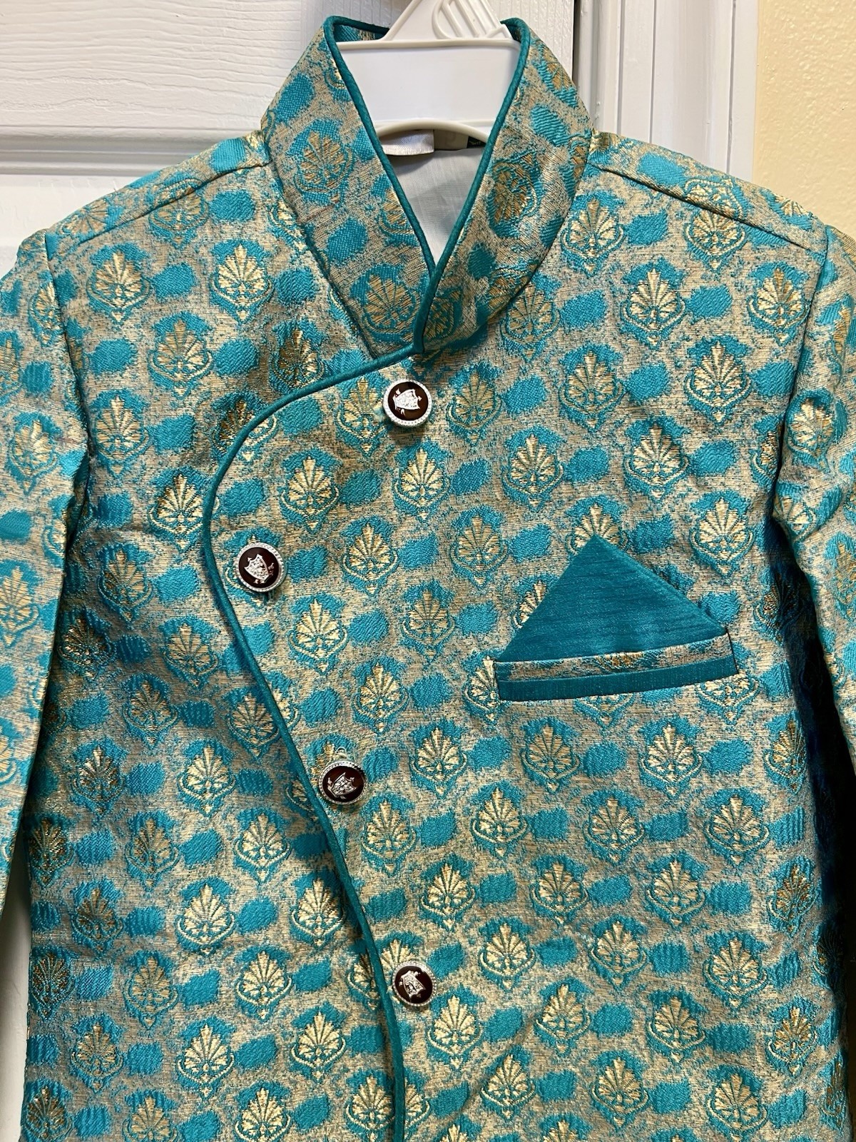 Sherwani Punjabi Set Blue golden color in kathan print party wear boy S Size 5