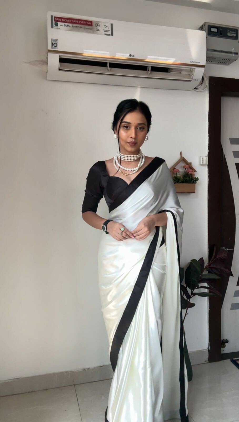 White & Black Color Satin Silk Blend Women’s Wedding Ready To Wear Saree Blouse.