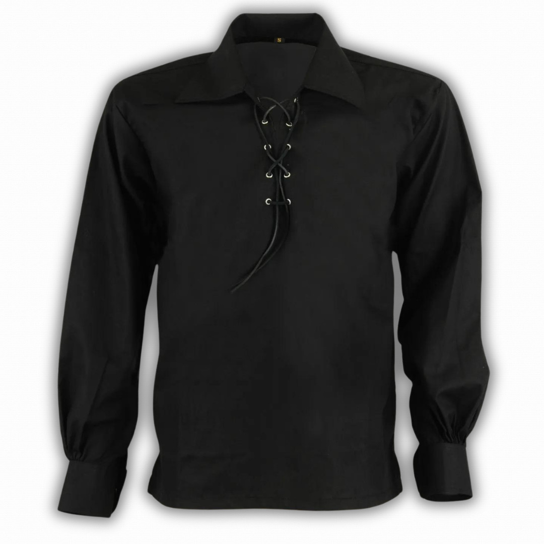 Brand New Black Scottish Highland Jacobean Jacobite Ghillie Kilt Shirt with Lace