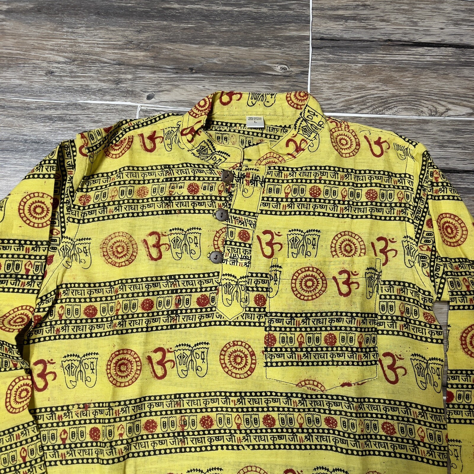 Om Krishna Full Sleeve Collarless 3 Button Shirt Yoga Hindu Print Women M NWOT
