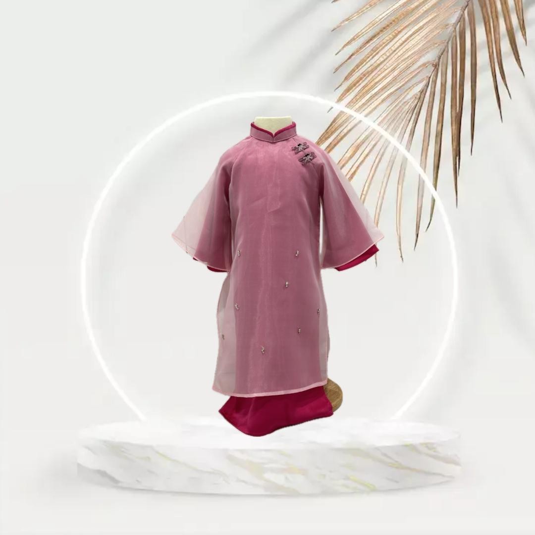 Red Vietnamese Traditional Ao Dai/Dress with Red Pants for Girl. Complete Set