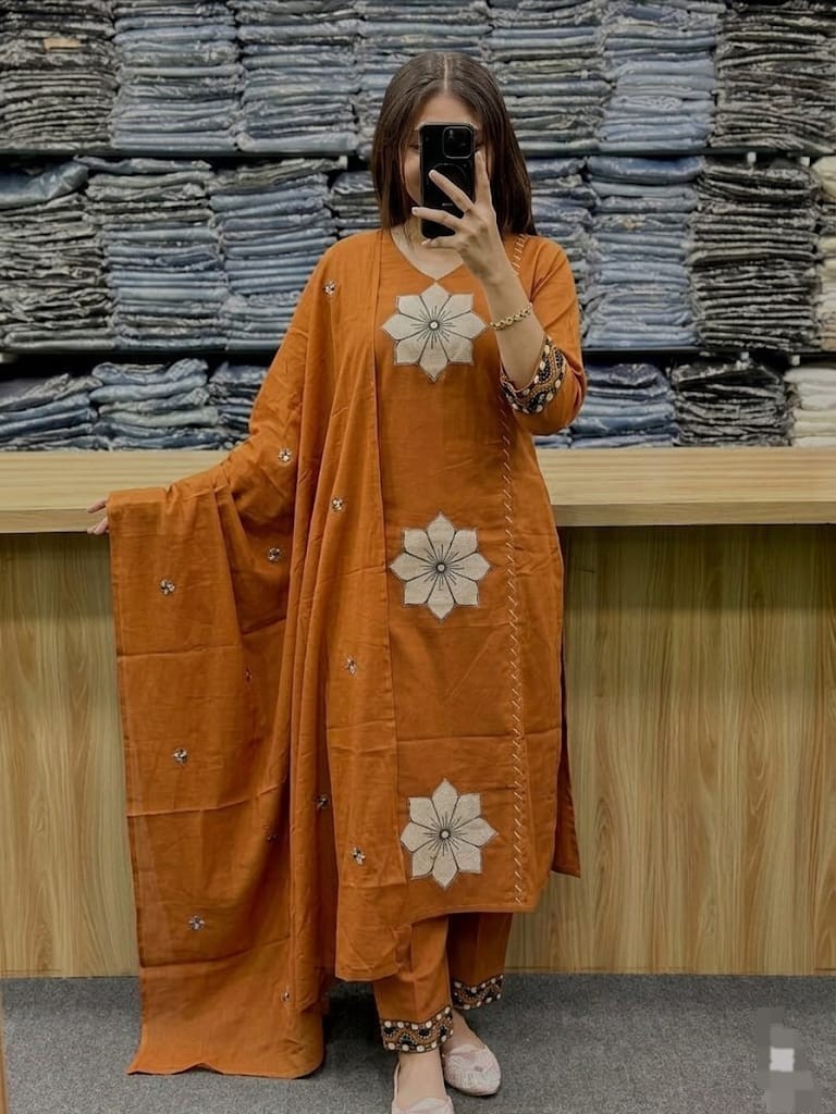 Heavy Cotton Women’s Ethnic Kurti Pant Dupatta Set Bollywood Designer Kurta Set