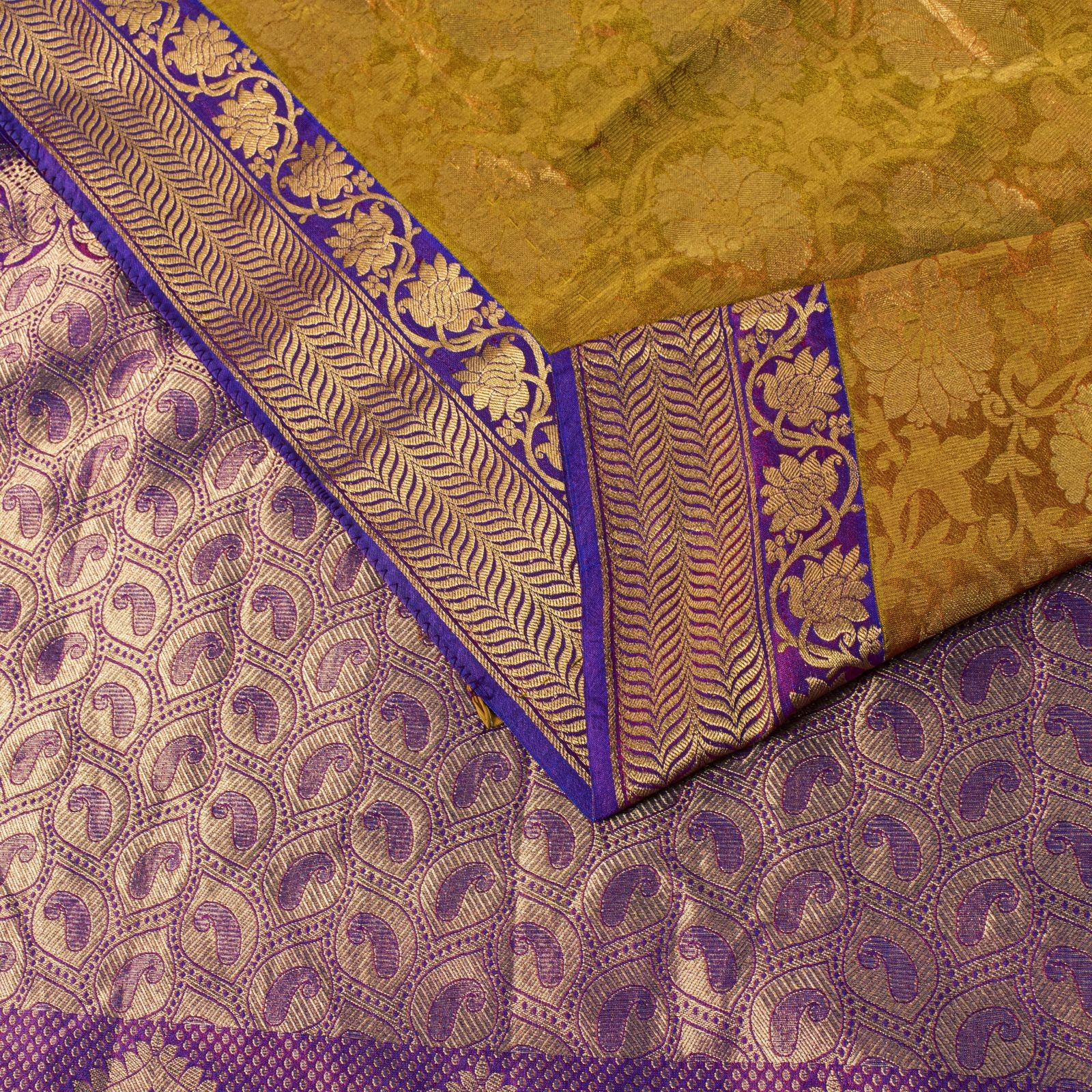 Sanskriti Vintage Saree Yellow-Purple Art Silk Brocade Zari Hand Woven Sari 5+Yd