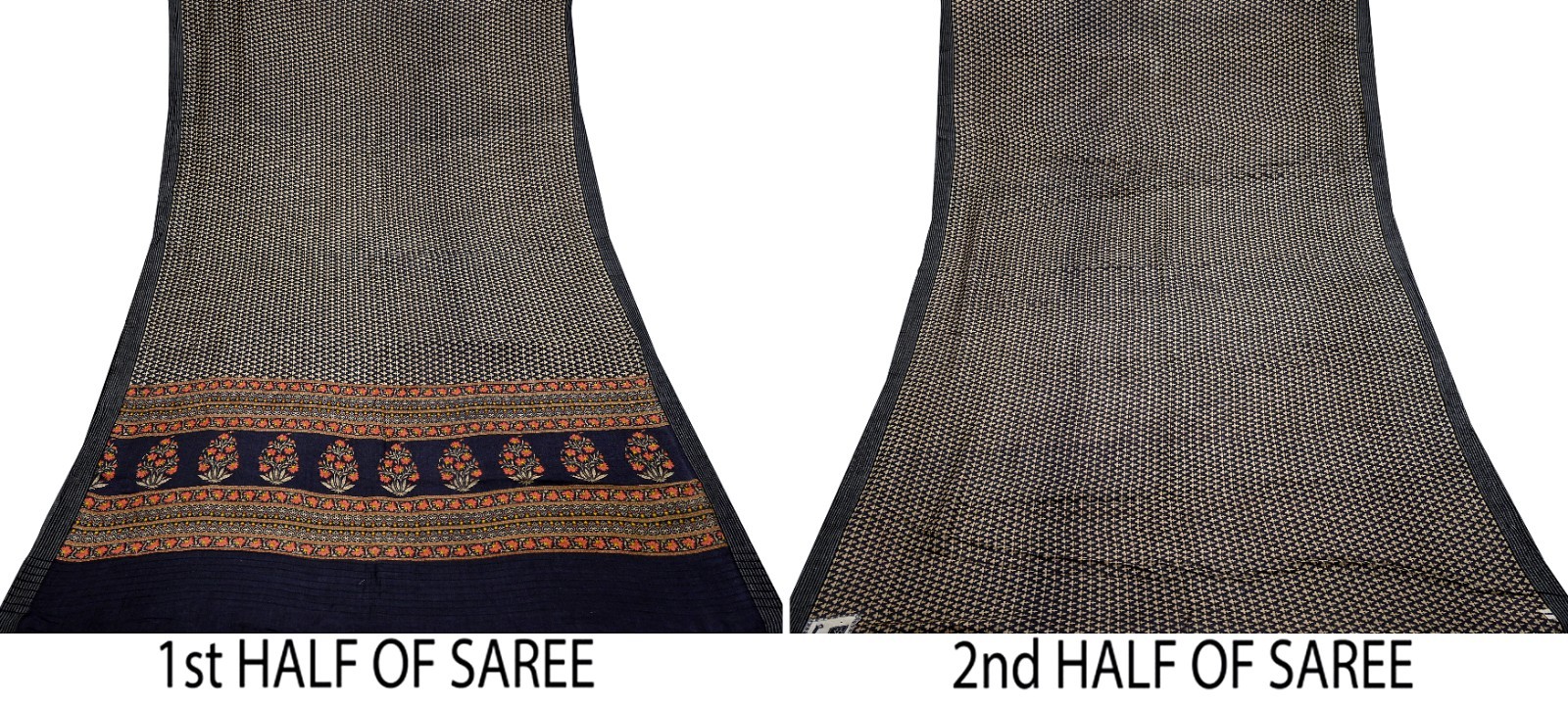 Vintage Black & Beige Saree Pure Woolen Woven Printed Sari Warm Craft Fabric 5Yd