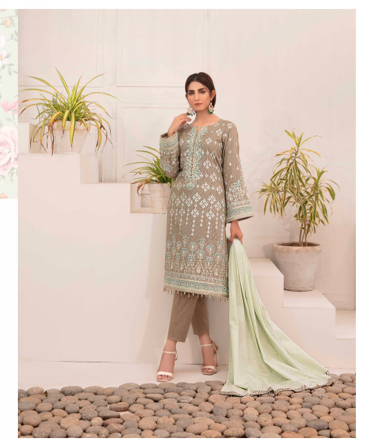 SemiFormal Jacquard Cotton Broshia Embroidered 3PC Shalwar Kameez Pakistani L/43