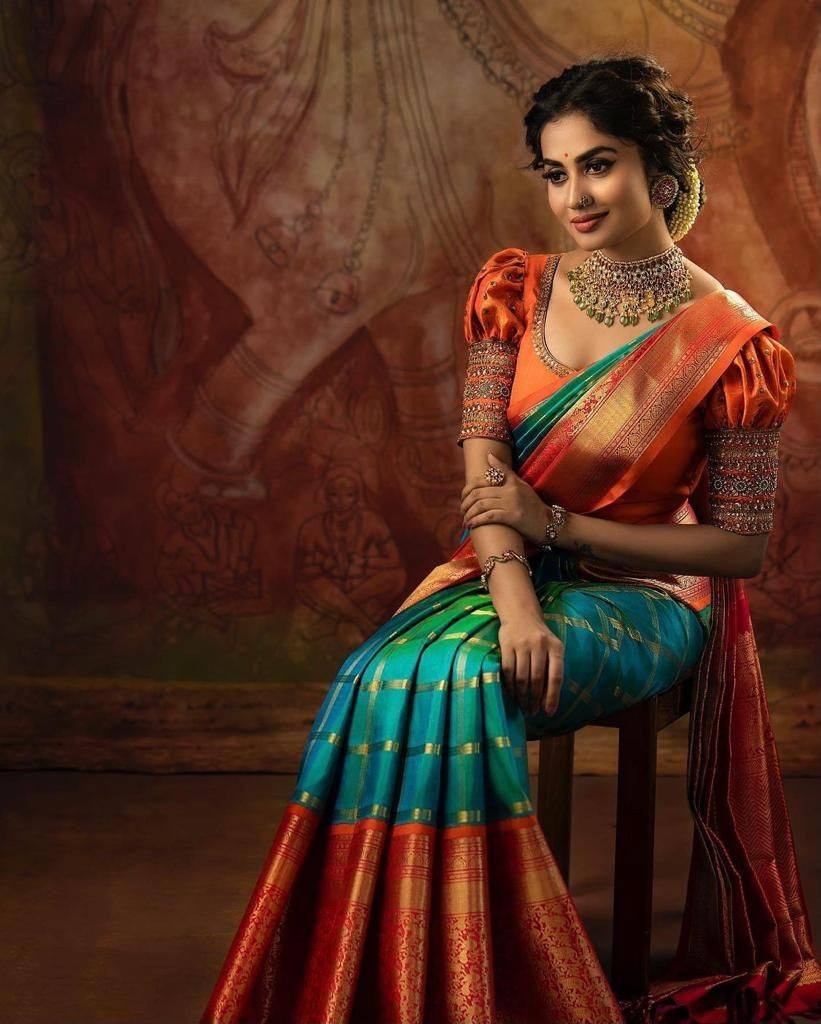 Designer Red Lichi Silk Saree withgreen linen saree, silver border saree, Indian