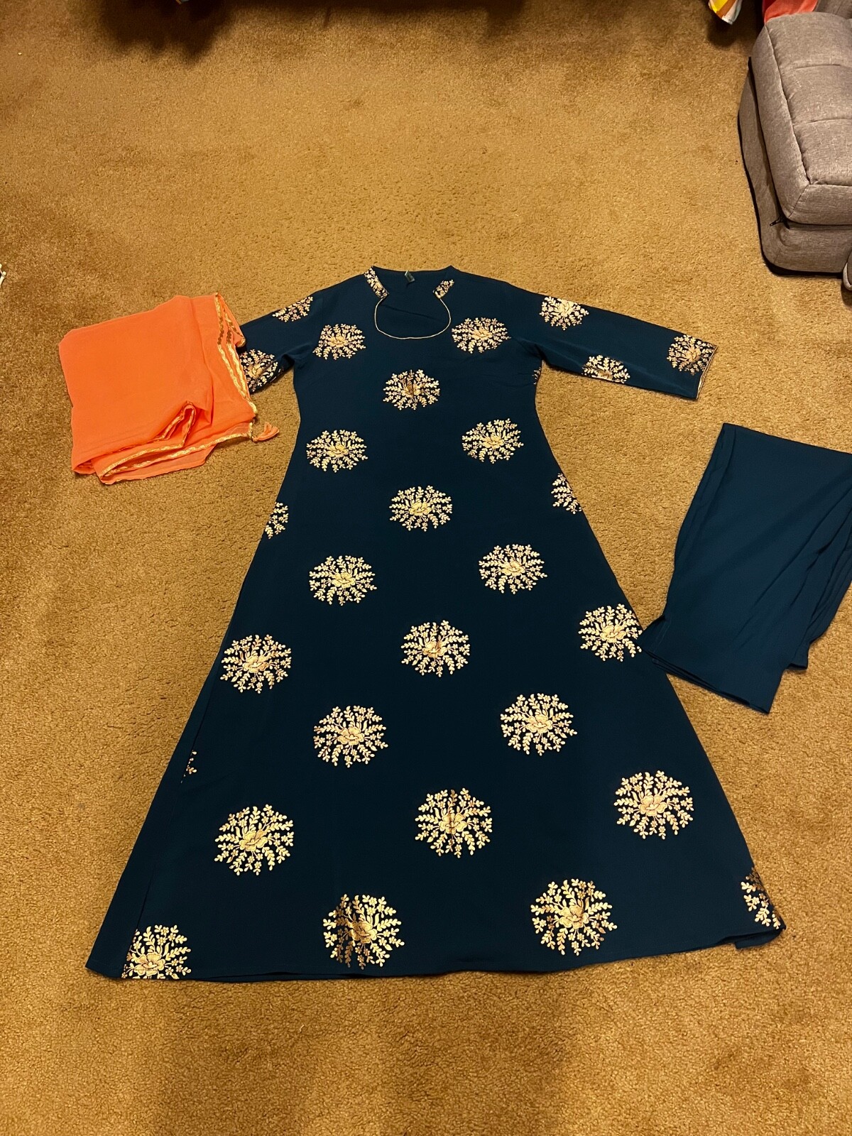 Indian suit for women party wear with pants and dupatta, Blue, Small, NEW