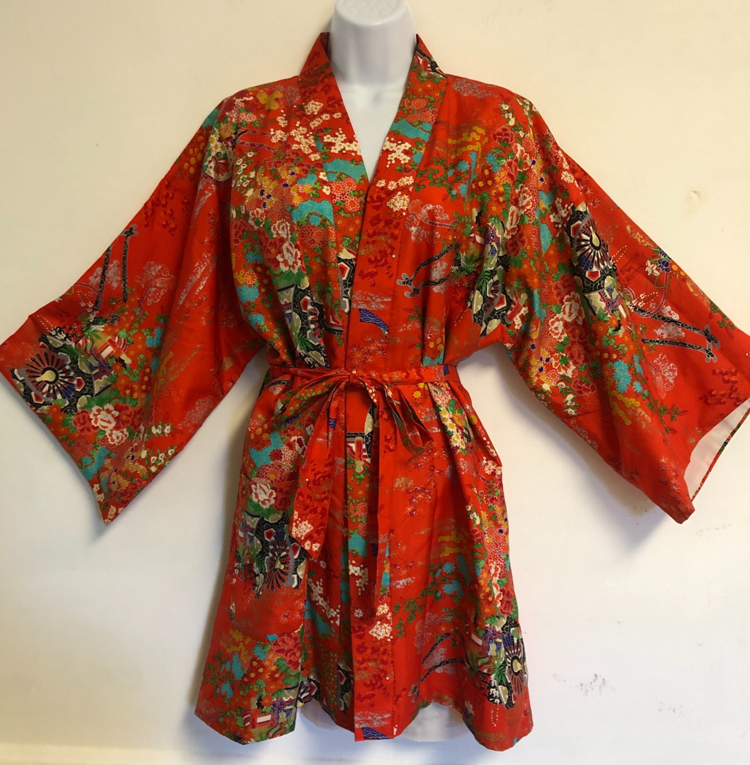VTG 100% Silk Kimono Robe One Size Orange Floral Belted Lined Hand Made Japan