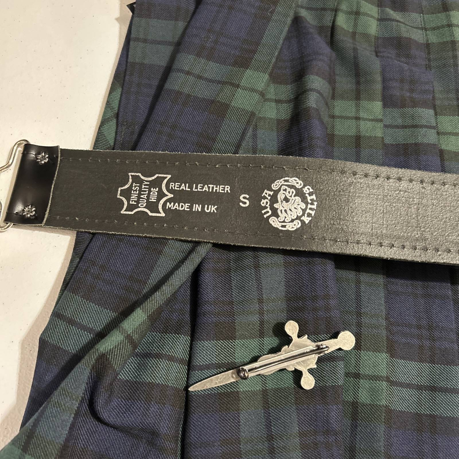 USA Kilts Tartan Kilt Black Leather Celtic Embossed Belt Pewter Stag Pin