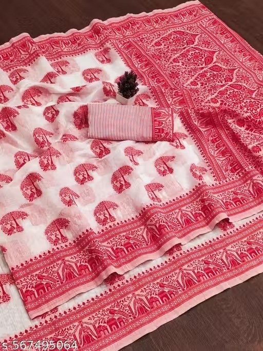 Traditional Bengali Handmade Jamdani Saree With Unstitched Bloused Wedding Wear