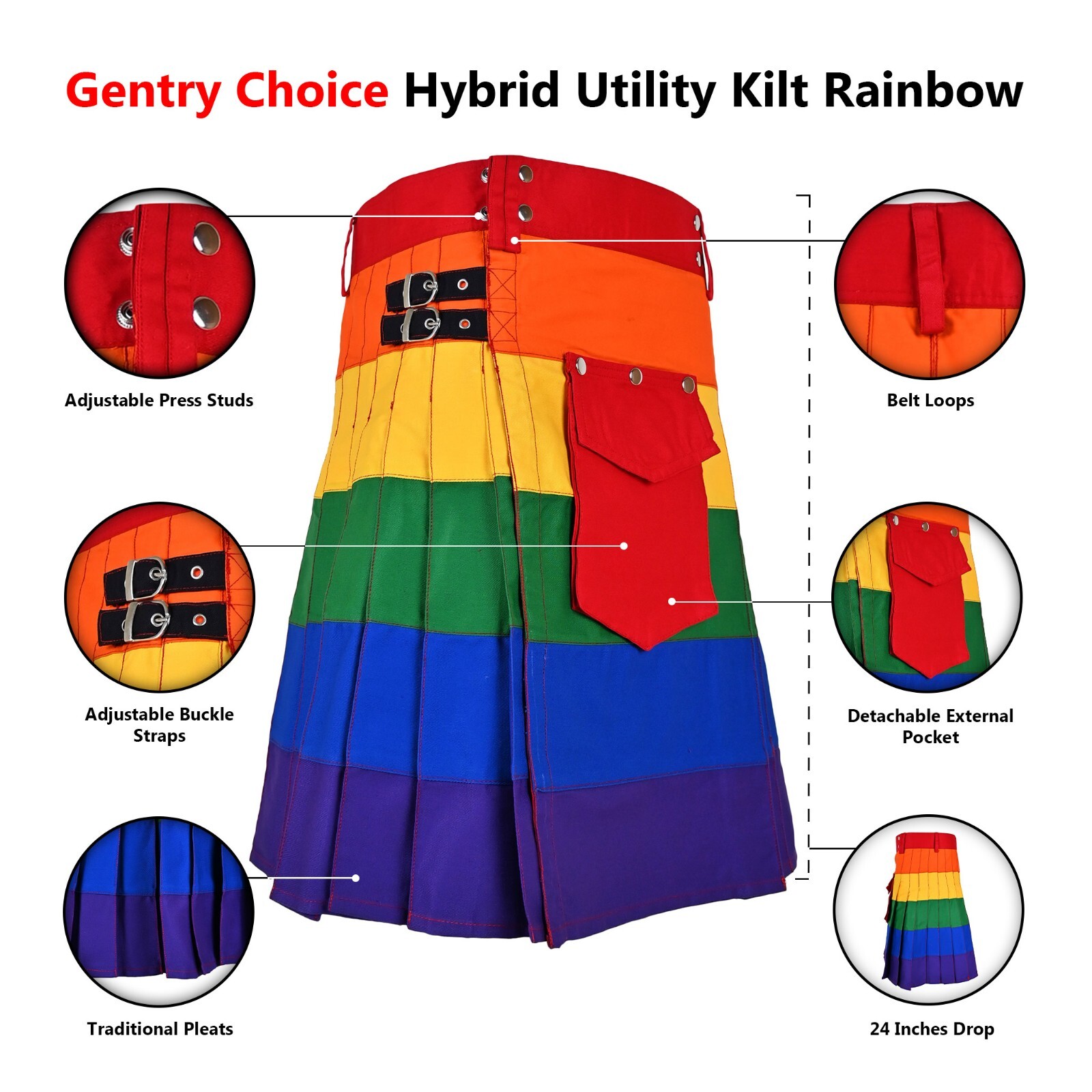 Hybrid Utility Kilt Rainbow with Removable Cargo Pocket Unisex Scottish Kilt