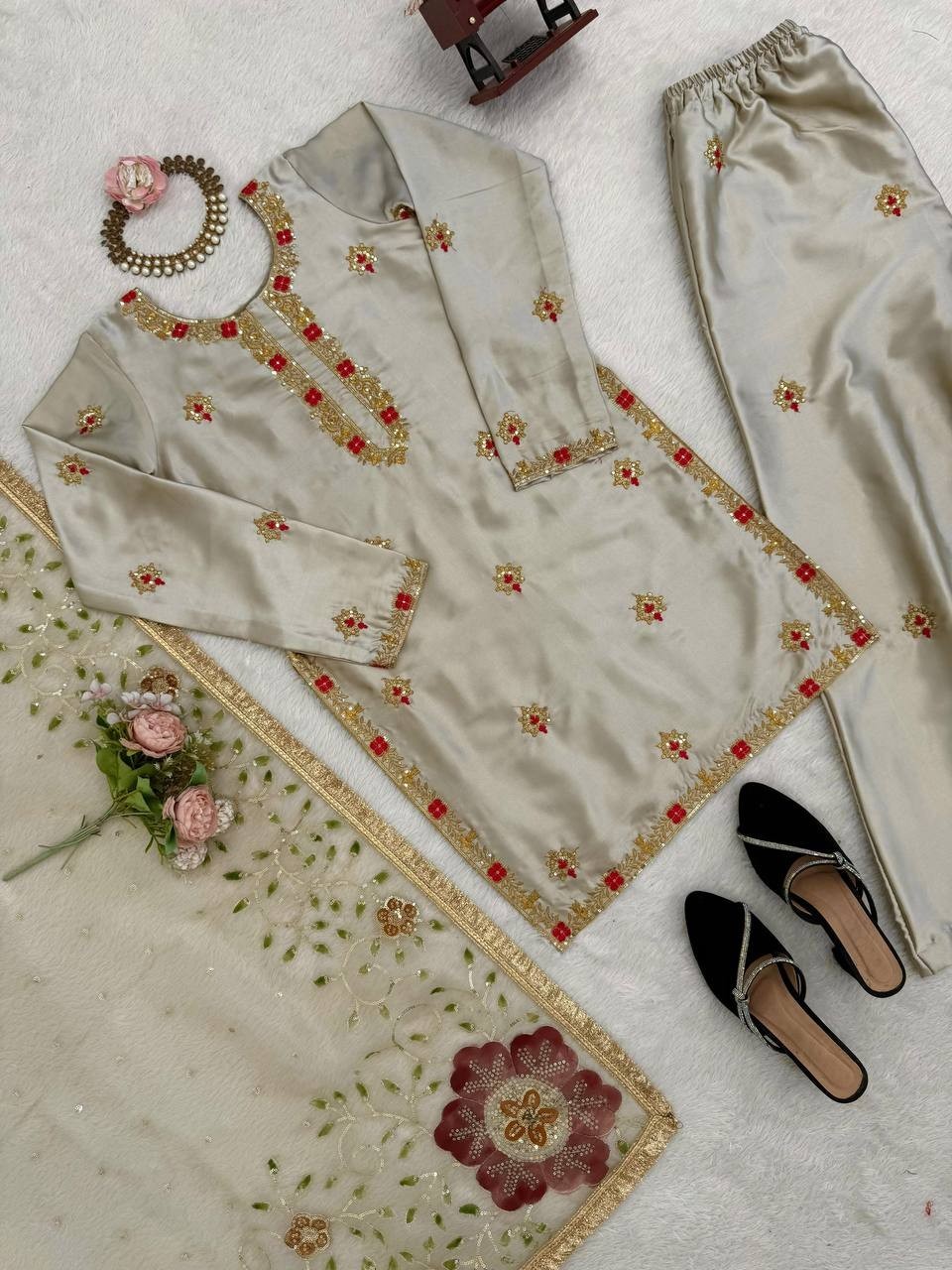 Latest Zapan Satin Silk Cream Palazzo Suit With Dupatta For Indian Function Wear