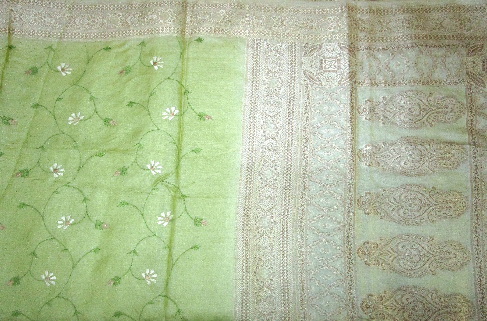 BVH WEARABLE PURE SILK Vintage Sari 5yds 22July9904 X13 E653 Pista Cream #ABCKB