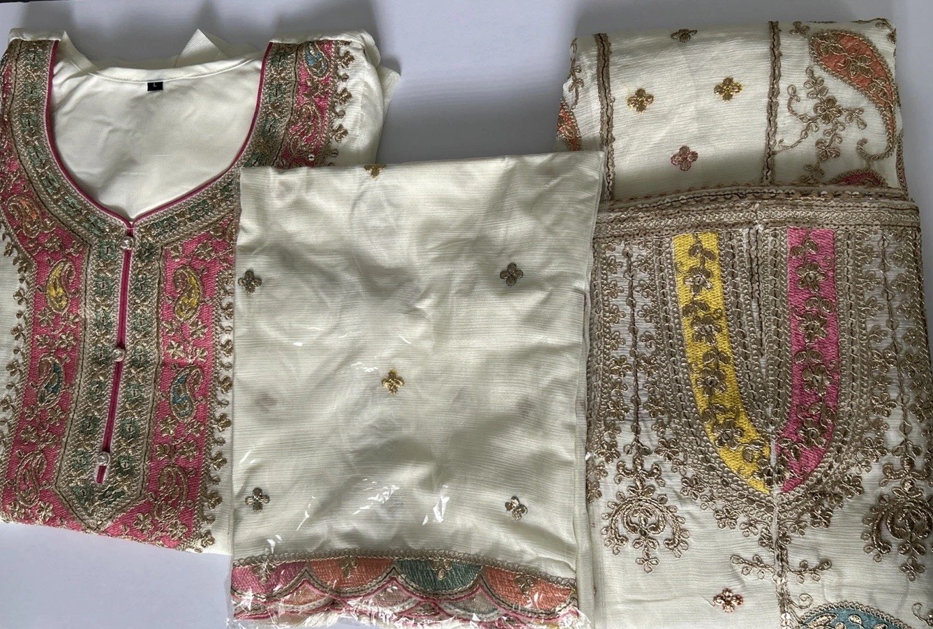 Women Gharara Embroidery with sequin Silk 3 pcs Suit Color-off White Chest-40in