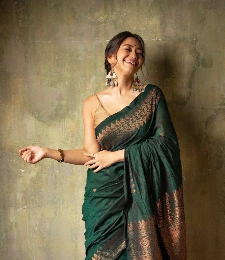 Women Soft Lichi Silk Green Saree With Blouse Indian Designer Wedding Party Wear