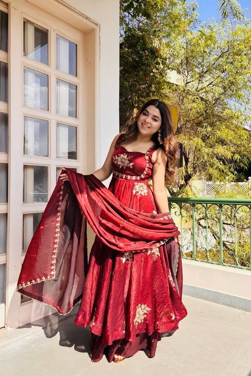 Designer Fandy Silk Anarkali Gown Wedding Reception Party Wear Dress For Women