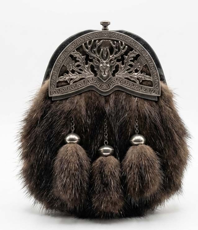 Highland Dress Kilt Sporran Brown Silver Faux Fur Real Leather Back