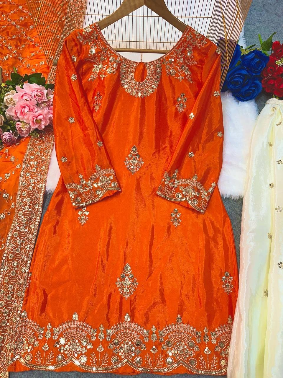 Unique Designer Chinnon Orange Palazzo Suit And Dupatta For Women Wedding Wear