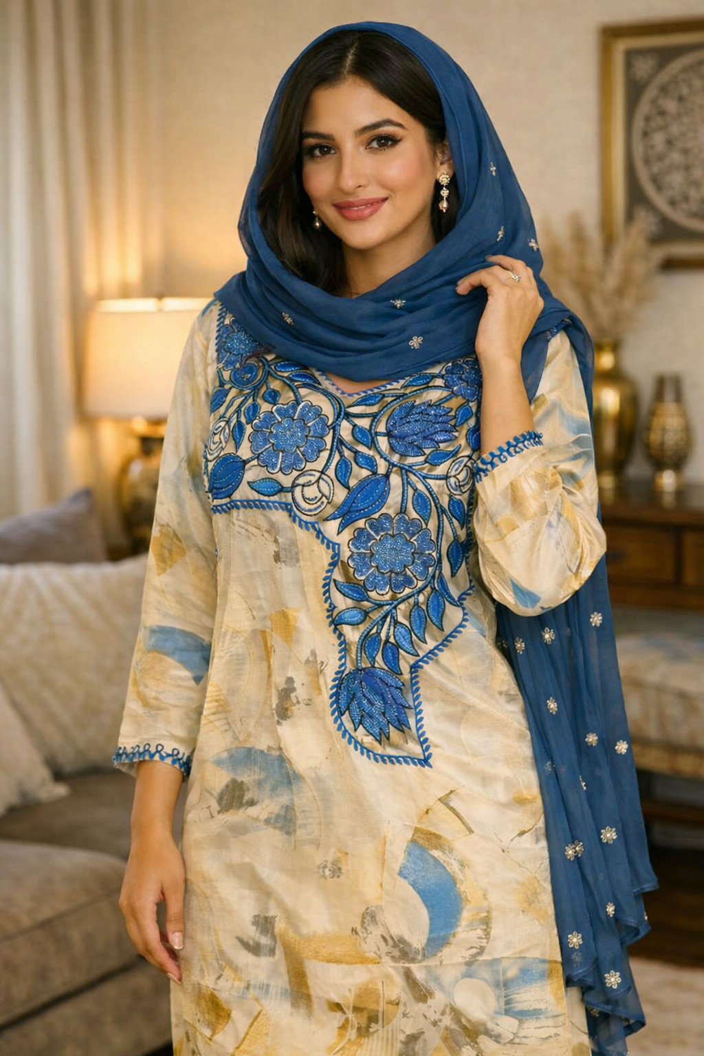 Traditional Emirati Makhwar Dress Fabric – Blue Embroidered Design