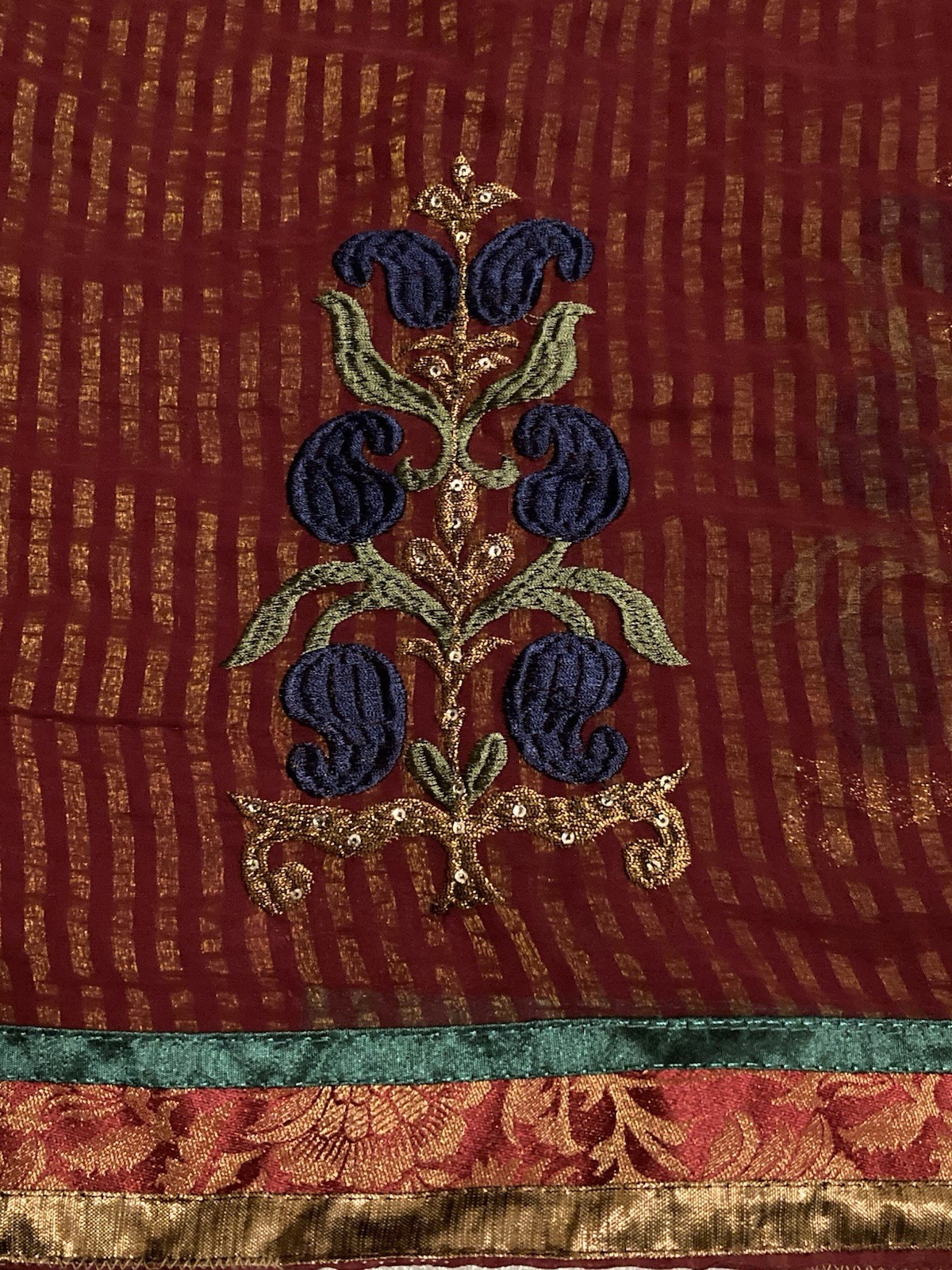 Vintage Saree Maroon Stripes Copper Pennies Navy Blue Green Sari Fabric